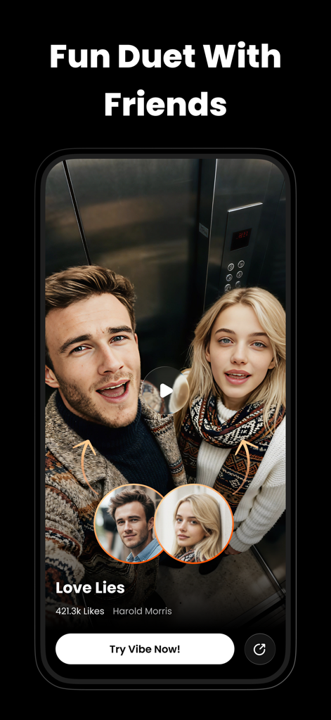 VibeMe AI: Music Video Maker - A screenshot of VibeMe AI app showing a man and a woman in a singing duet video created from a photo