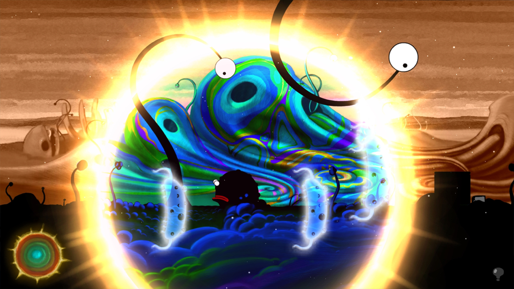 Une scène surréaliste dessinée à la main de Karma Incarnation 1 montrant Pip à l'intérieur d'une orbe lumineuse avec des motifs psychédéliques et des esprits flottants