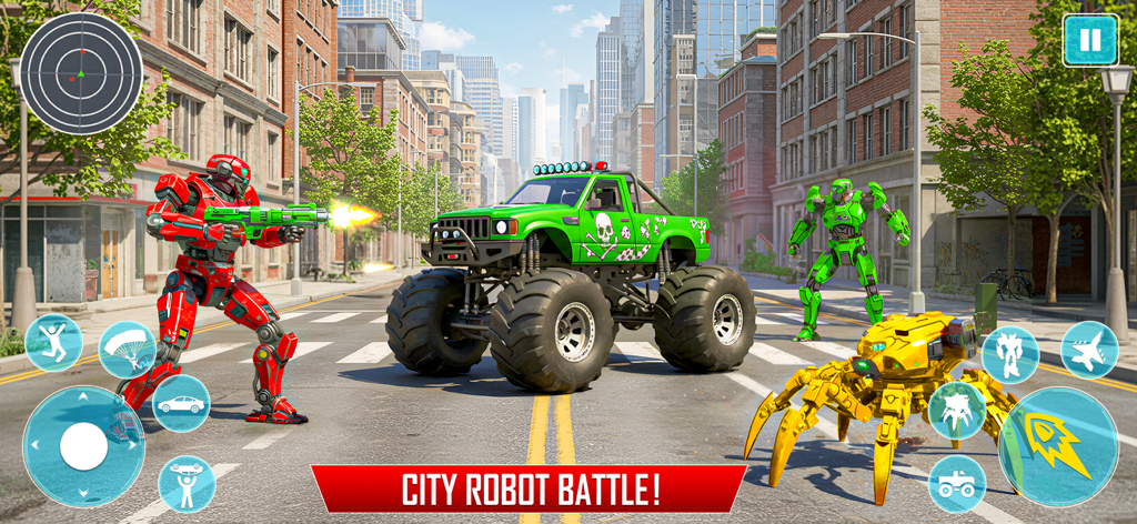 A battle between robots and a monster truck in a city street