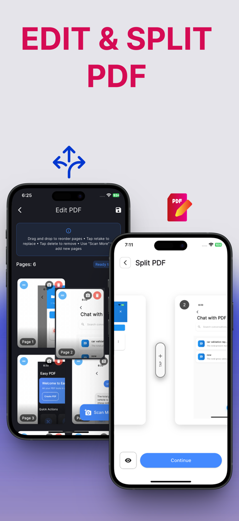 Easy PDF: AI Tools, Sign, Edit - Dos pantallas de iPhone mostrando las funciones Editar y Dividir PDF de la aplicación Easy PDF.
