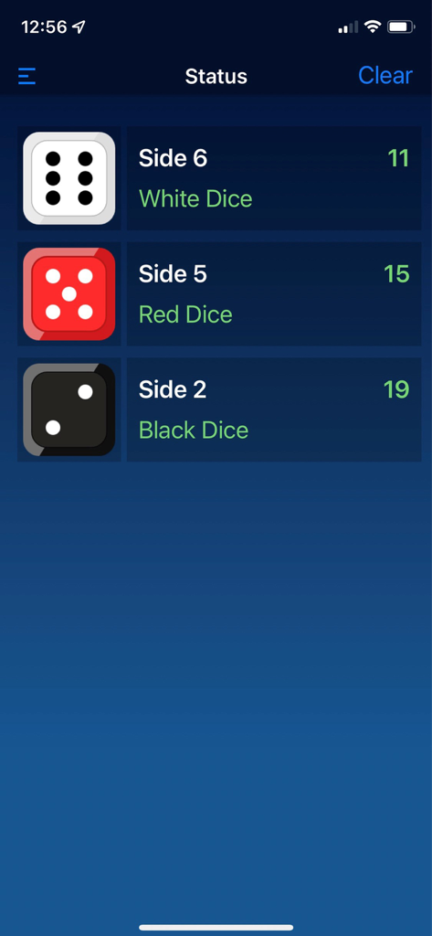Status screen of the Unifi Thumper app displaying real-time results from electronic white red and black dice