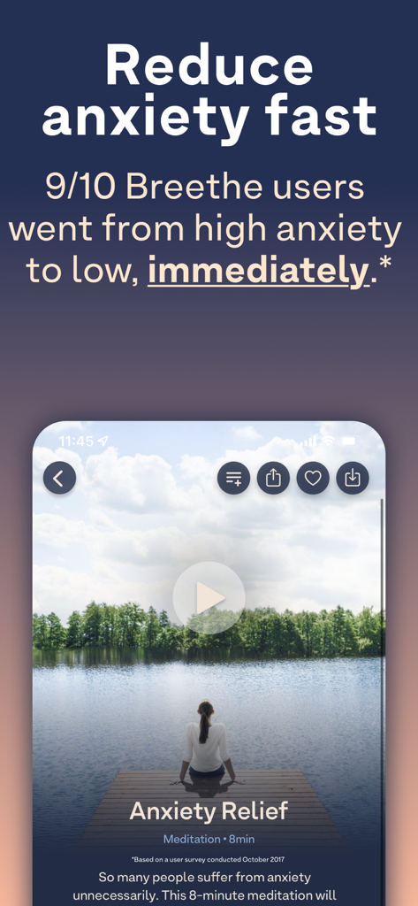 Breethe: Sleep & Meditation - A promotional graphic for the Breethe app highlighting fast anxiety relief with a meditation session featuring a woman sitting by a lake.