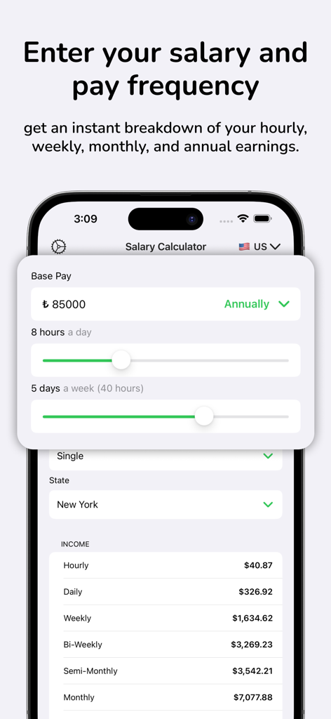 Salary Paycheck Calculator app screen showing base pay input and a detailed earnings breakdown by frequency.