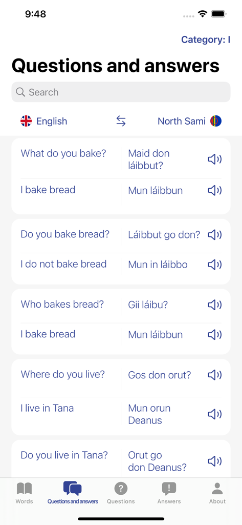 Screenshot of the Get to know Sami languages app showing English to North Sami translations for common questions and answers.