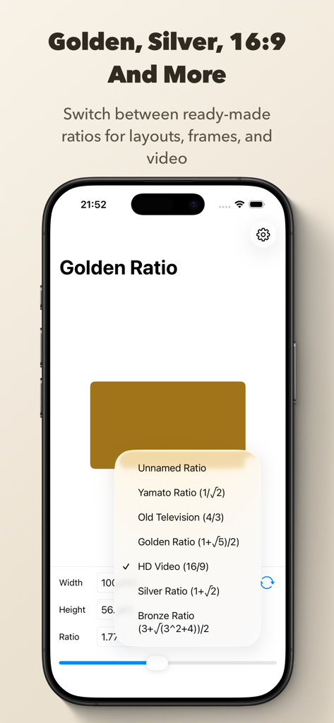 Golden Ratio Calculator++ - Screenshot of Golden Ratio Calculator app showing a list of ratio presets including Golden Silver and HD Video on an iPhone screen