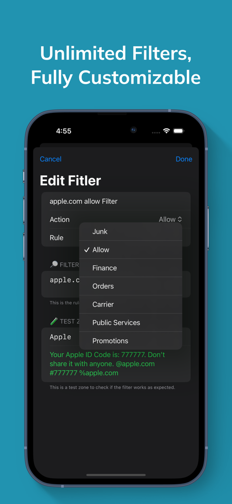 Shield app interface showing customizable SMS filter rules and categories