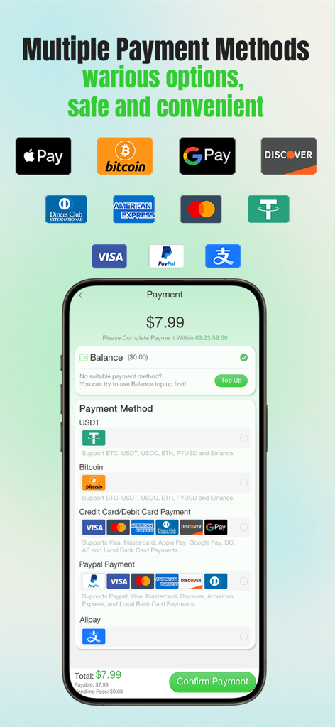 Lovegobuy app payment screen showing various secure options including Apple Pay Bitcoin and international credit cards