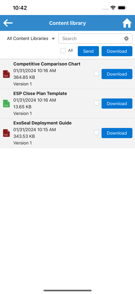 Pulsar for Salesforce - Pantalla de biblioteca de contenido en la aplicación Pulsar for Salesforce con lista de documentos de negocio y botones de descarga.