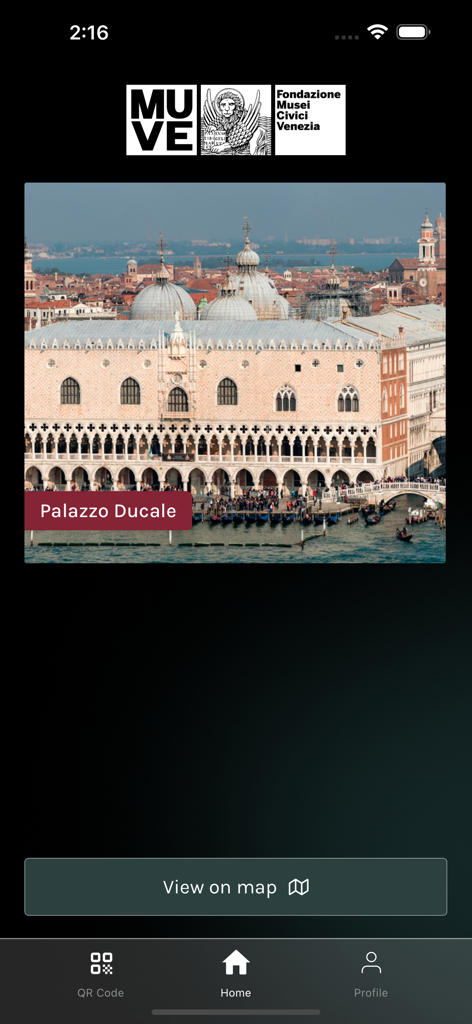 MuVe - Pantalla de inicio de la app MuVe con una imagen del Palacio Ducal de Venecia
