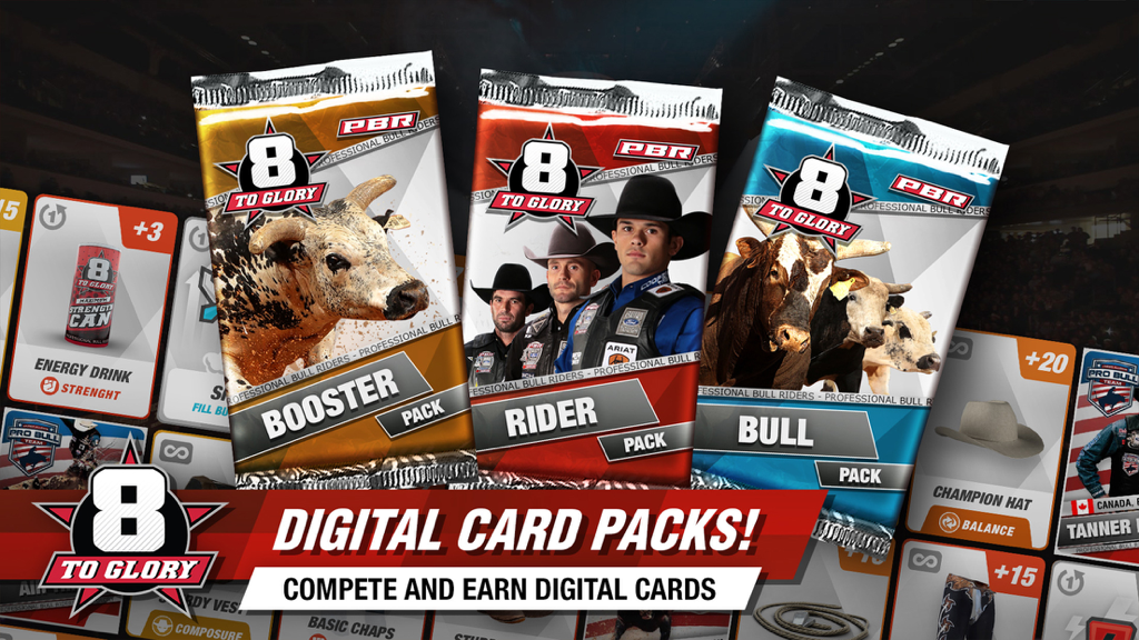 Paquetes de cartas digitales con jinetes profesionales y toros