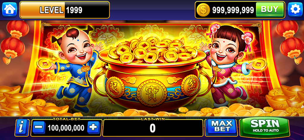 Vegas Casino Slots - Mega Win - Vegas Casino Slots Gameplay-Bildschirm mit einem festlichen chinesischen Thema und einem großen Topf mit Goldmünzen und fröhlichen Cartoon-Kindern