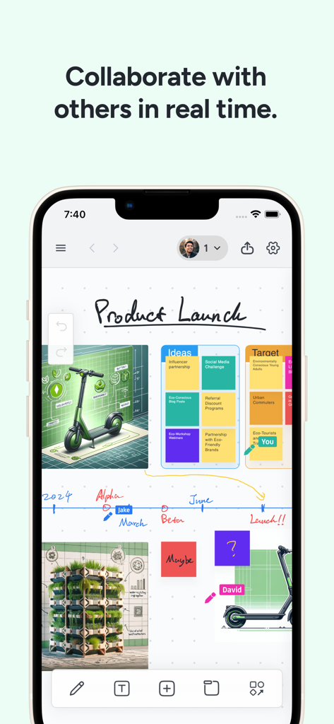 Instaboard: Whiteboard & Plan - Instaboard app interface on an iPhone showing real-time collaboration on a digital whiteboard with sketches and plans for a product launch