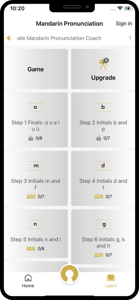 The learning interface of the Mandarin Pronunciation app showing progressive steps for studying Pinyin initials and finals