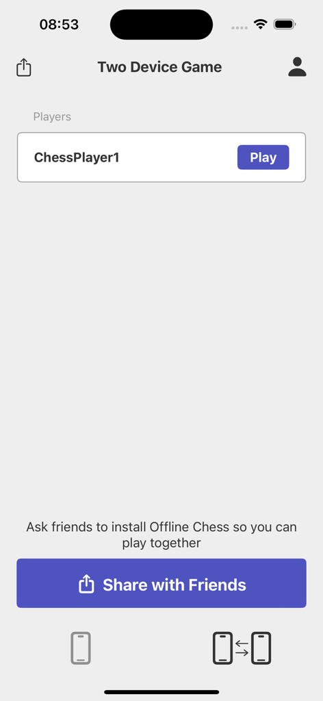 Interfaz de la aplicación Ajedrez sin conexión que muestra la configuración para una partida multijugador local de dos dispositivos a través de una conexión P2P.