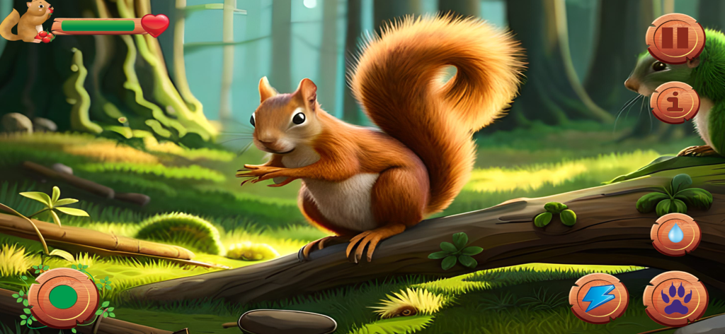 Flying Squirrel Animal Game 3D - A squirrel sitting on a log in a lush forest with game interface buttons