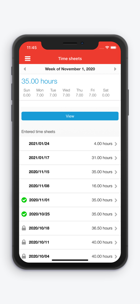 Payroll by Nethris - A mobile application interface displaying a summary of weekly work hours and a list of past timesheets with their status
