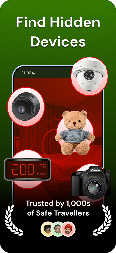 Detect Hidden Device - Mobile app screen showing objects like teddy bears and digital clocks where hidden cameras can be detected