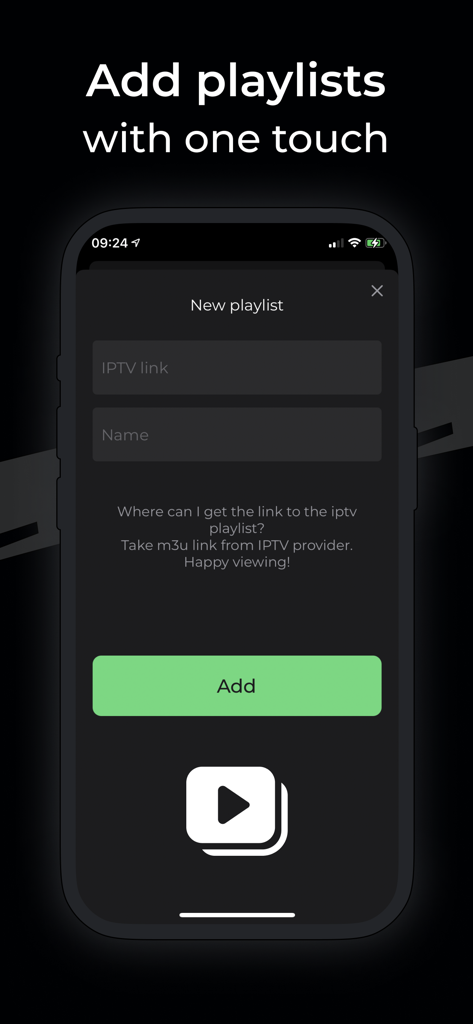 XTREAM IPTV: TV Player IP + - Oberfläche der XTREAM IPTV-App, die den Bildschirm zum Hinzufügen eines neuen M3U-Playlist-Links und Namens zeigt