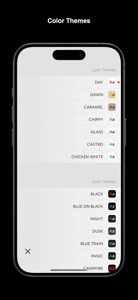 Unread: An RSS Reader - A list of light and dark color themes in the Unread RSS Reader app interface.