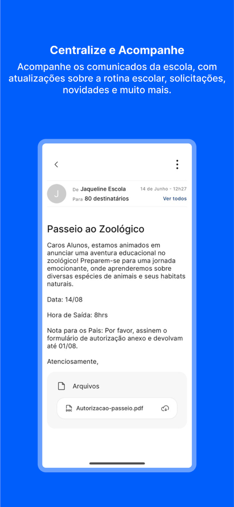 P+ - Um comunicado escolar sobre uma excursão ao zoológico exibido no aplicativo móvel P plus com um formulário de autorização para download