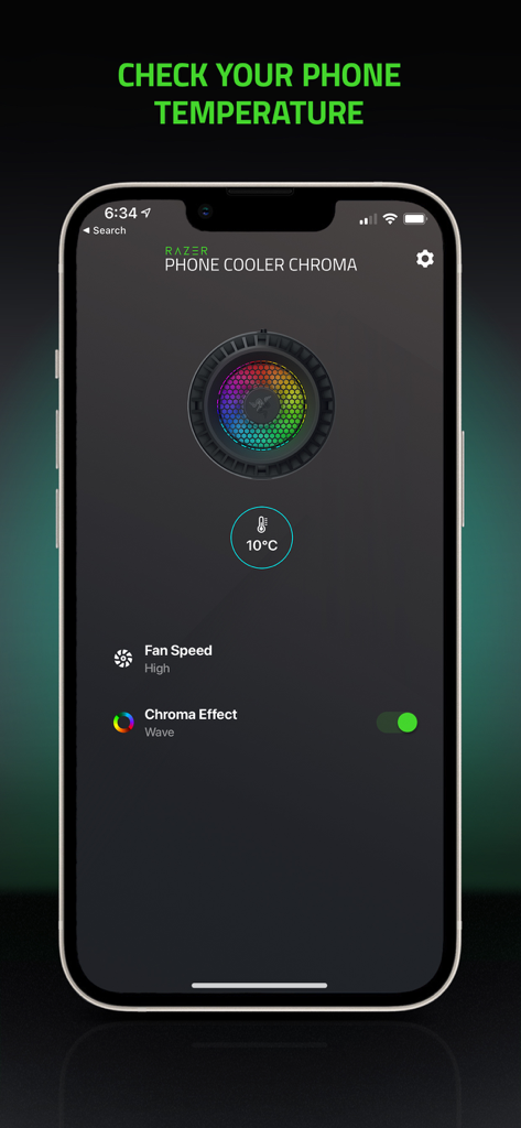 Razer Phone Cooler - Razer Phone Cooler Chroma app dashboard displaying real time phone temperature and fan speed settings