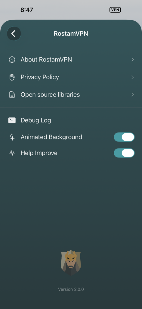 RostamVPN - Unlimited Fast VPN - RostamVPN app settings menu with privacy policy and version details