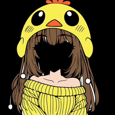 anime girl with chick shaped hat with sweater with bare shoulders with bangs covering them one eye with low tail