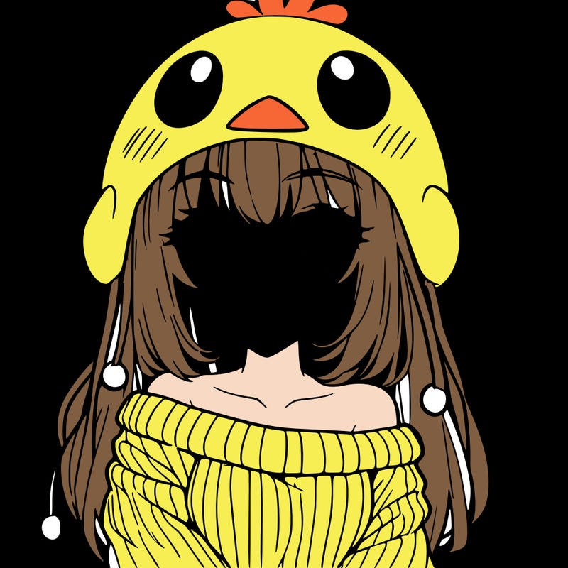 anime girl with chick shaped hat with sweater with bare shoulders with bangs covering them one eye with low tail