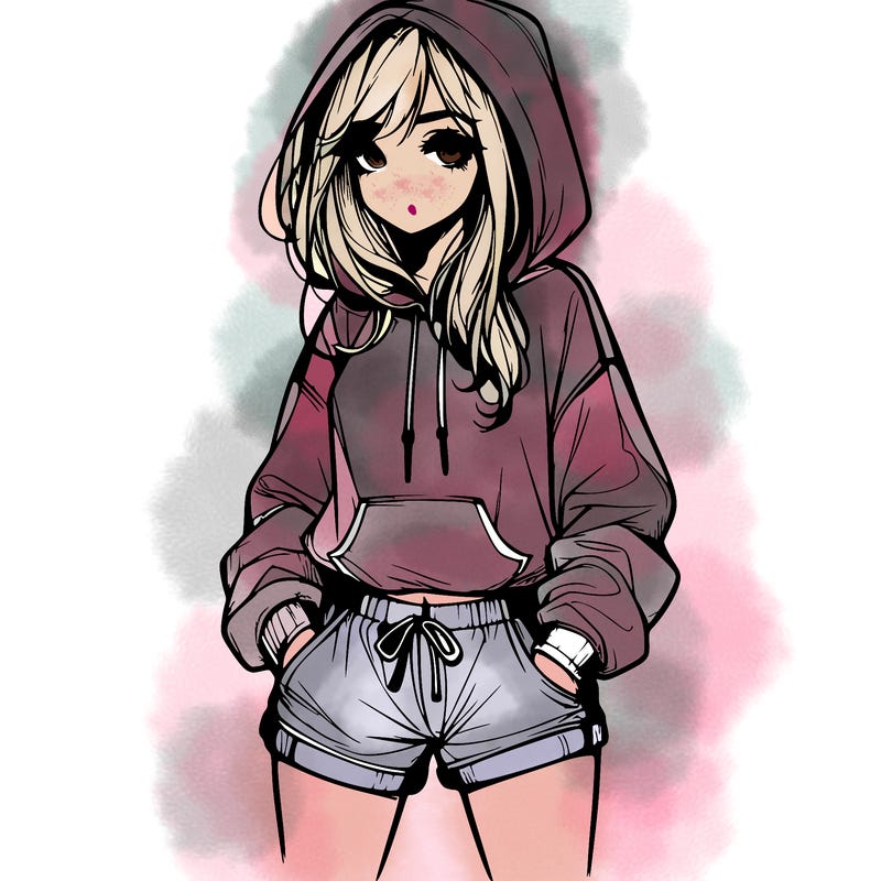 realistic girl in shorts and hoodie