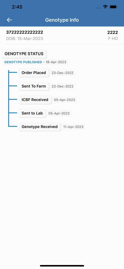 ICBF HerdPlus - Pantalla de información de genotipos de la aplicación ICBF HerdPlus que muestra la línea de tiempo de la genética de cría de ganado.