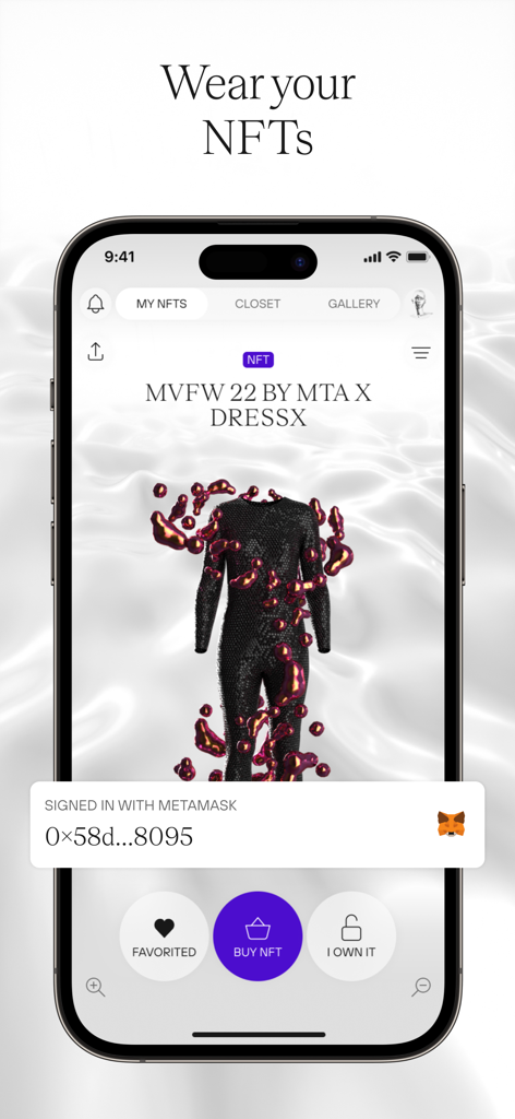 A screenshot of the DRESSX app showing a digital fashion NFT bodysuit and MetaMask wallet connection.