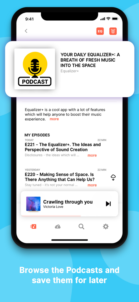 Smartphone screen showing a podcast episode list and music player within the Equalizer plus app
