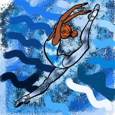 gymnast doing a leap in a leotard with a bent back leg