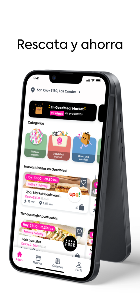GoodMeal - Pantalla de inicio de la app GoodMeal mostrando ofertas de rescate de comida y tiendas cercanas.