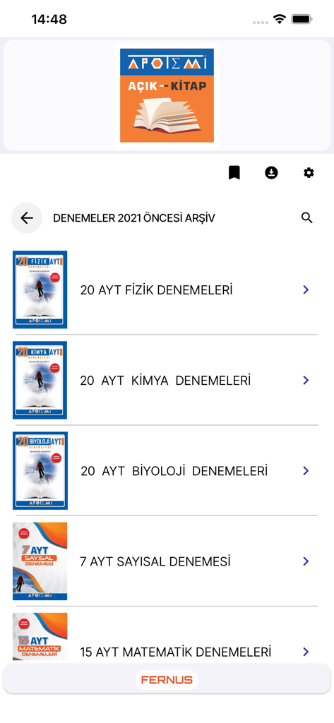 Apotemi Açık Kitap - A screen from the Apotemi Acik Kitap app showing a list of archived practice exams for physics chemistry and mathematics
