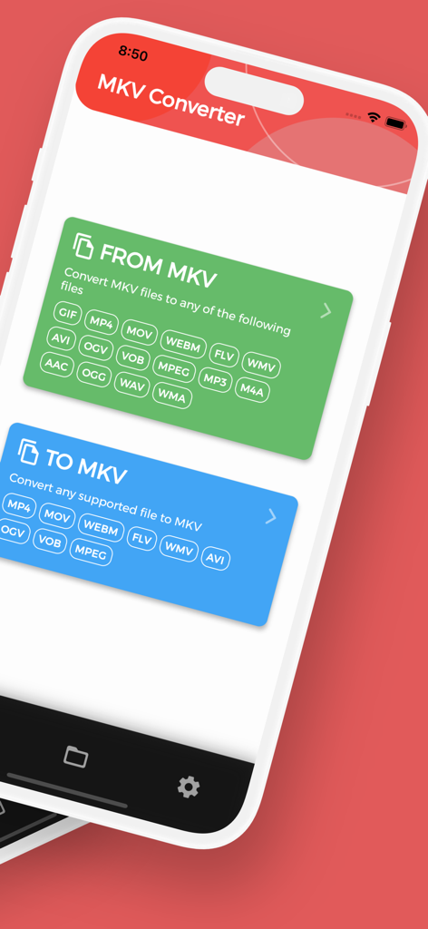 Interfaz de la app móvil Convertidor MKV que muestra opciones para convertir archivos de y a formato MKV con varias extensiones de video y audio compatibles.