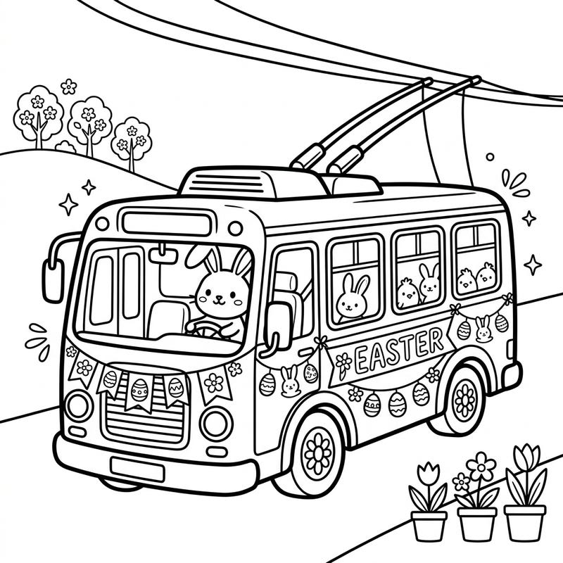 Get ready for a delightful Easter journey with this charming trolleybus coloring page! Featuring cute bunnies, chicks, and festive decorations, it's perfect for kids to enjoy a creative spring activity.