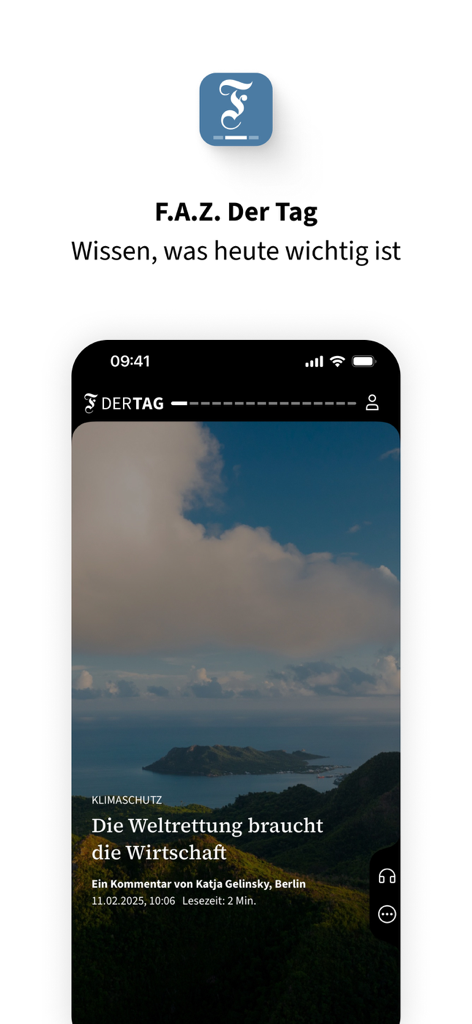 F.A.Z. Der Tag - Nachrichten - F.A.Z. Der Tag mobile news app displaying a curated article about climate protection and economy with a scenic background
