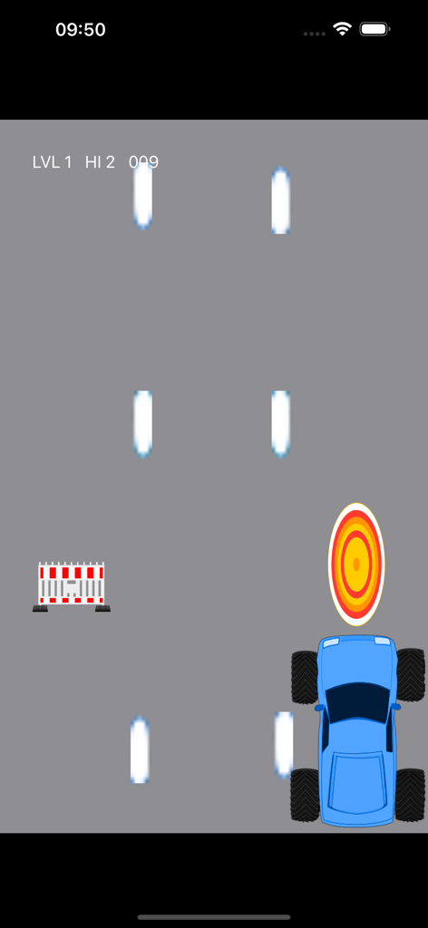 Monster Trucks: Car Smash Race - Top-down gameplay view of a blue monster truck on a highway in Monster Trucks Car Smash Race