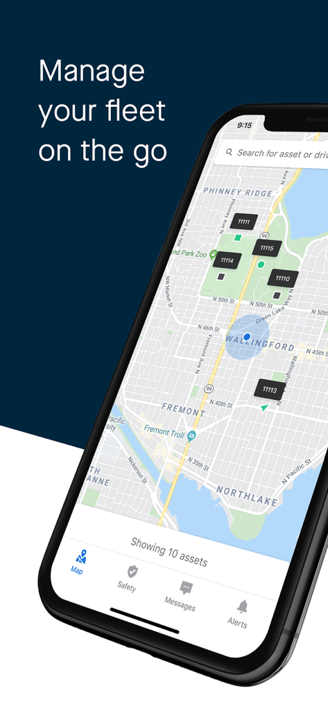 Samsara Fleet app interface showing real-time vehicle tracking on a map.