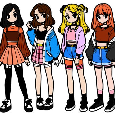 one girl with crop-top shirt and a jacket with a skirt, long socks and another girl with a shirt and pants with a jacket