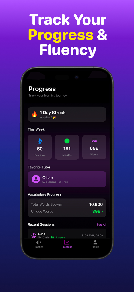 AI Speak English - Practice Me - Un panel de seguimiento de progreso en la aplicación AI Speak English que muestra rachas de aprendizaje y estadísticas de vocabulario.