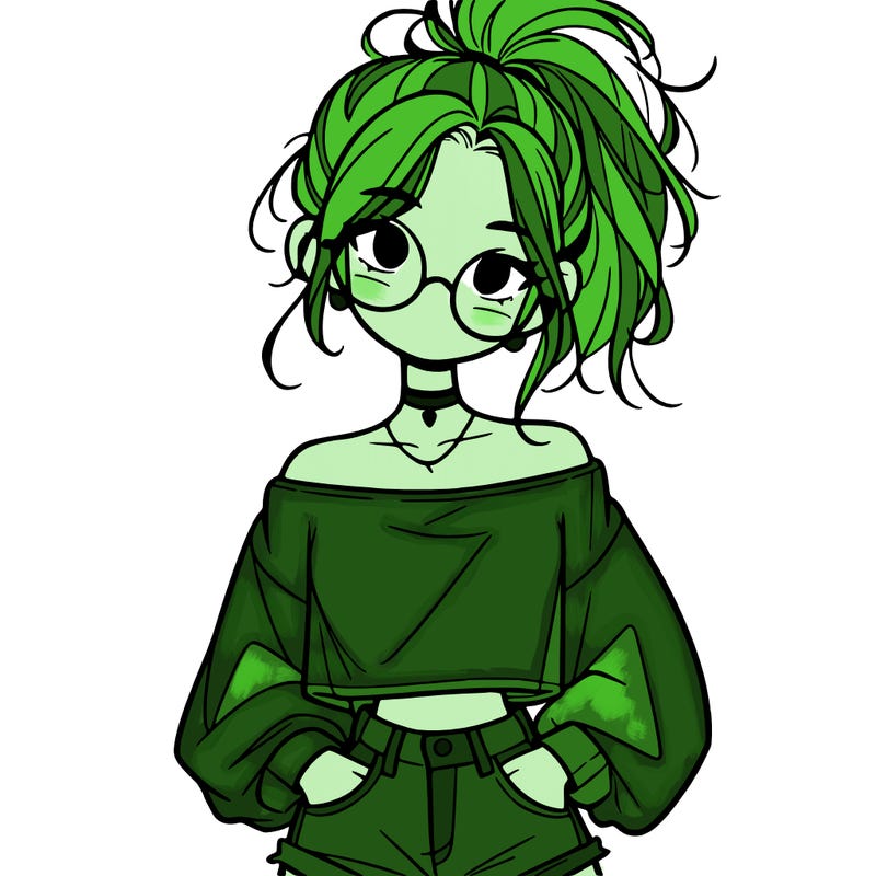 girl with a messy ponytail glasses a baggy crop top and jean shorts