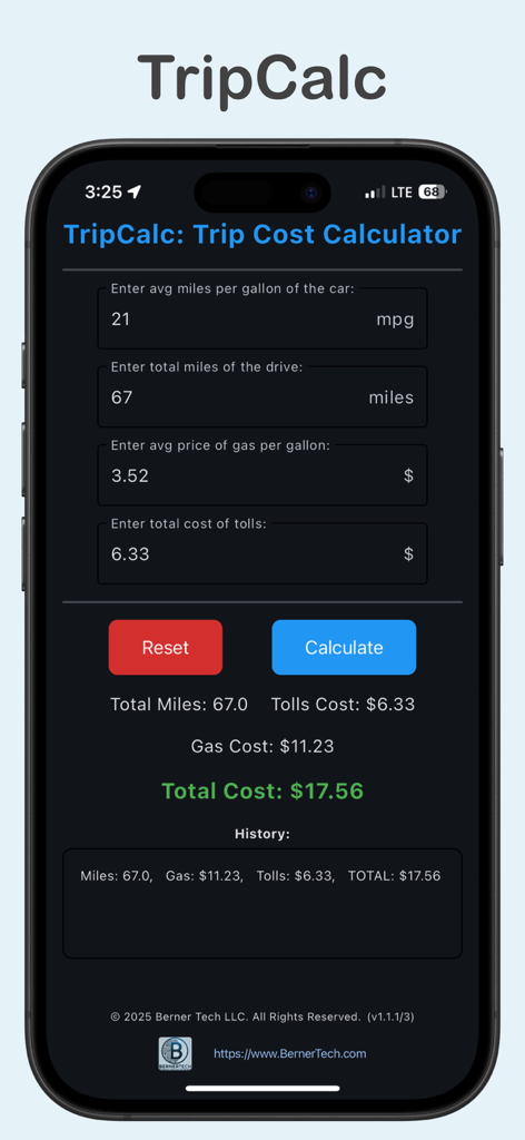 Screenshot of TripCalc app calculating fuel and toll expenses for a road trip