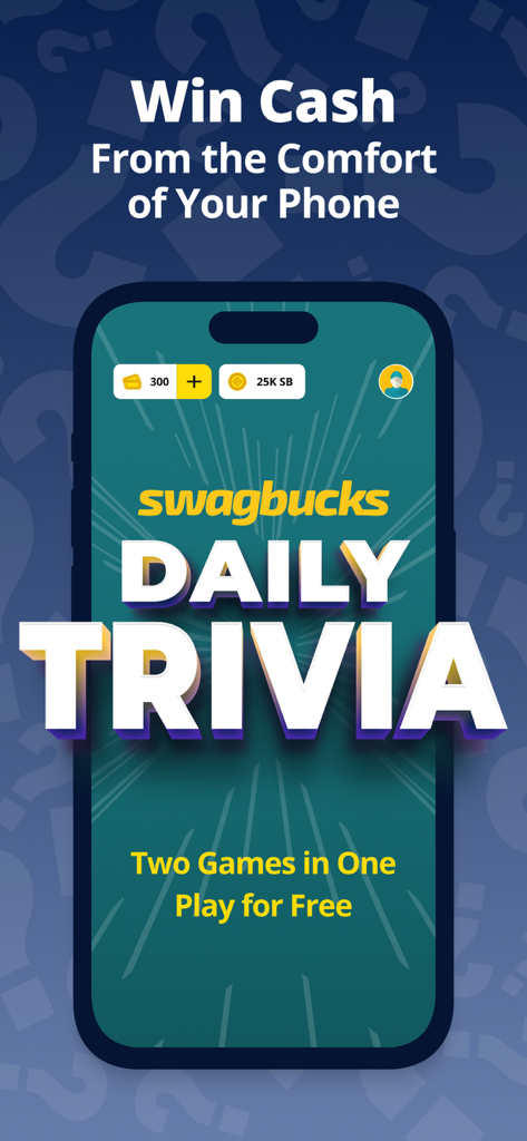 Swagbucks Daily Trivia app interface on a smartphone promoting the chance to win cash for free