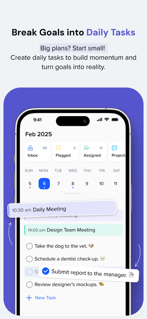 xTiles: notes, tasks, projects - Interfaz de la aplicación xTiles que muestra una vista de calendario móvil y una lista de tareas diarias para la gestión de la productividad