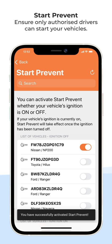 Cartrack app interface showing the Start Prevent feature for remote vehicle ignition control