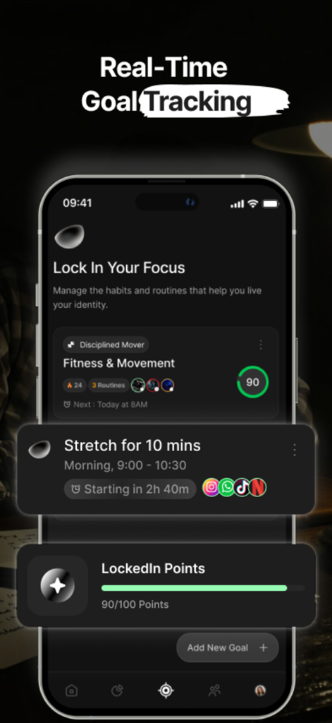 The LockedIN Mindset - Real-time goal tracking screen showing fitness habits and performance points in the LockedIN Mindset app