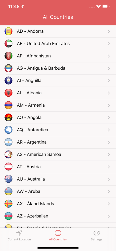 SOS Global Emergency Numbers - List of countries and flags in the SOS Global Emergency Numbers app interface
