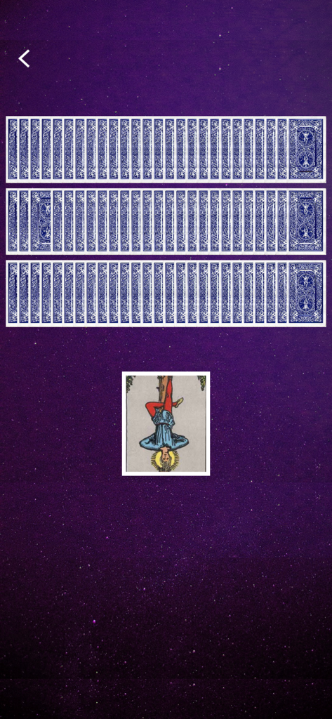A mobile app interface showing a deck of tarot cards and a single card, The Hanged Man, drawn on a starry purple background
